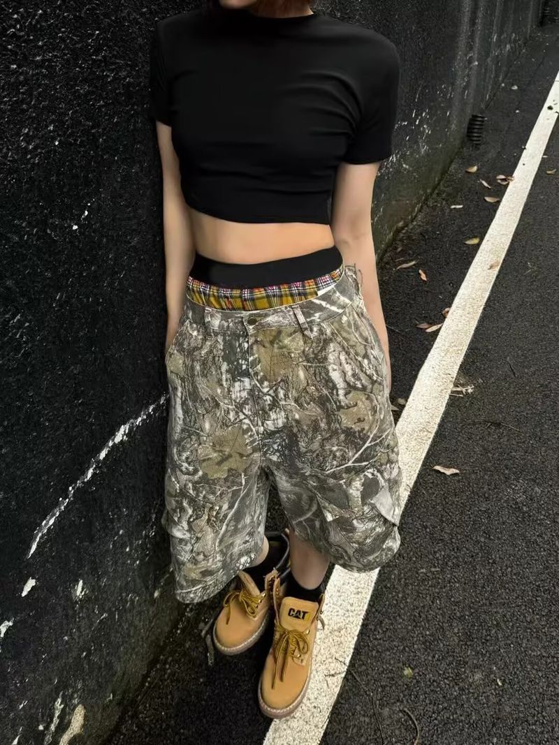 Női ruházat Retro Distressed Faágak Camouflage Nyomtatás Laza Egyenes Alkalmi Nadrág Rövidített Nadrág_voghion.com