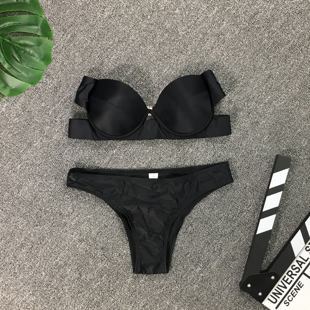 Bikini bikini stropløs sort hård pakke med tætsiddende split body dame badedragt_voghion.com