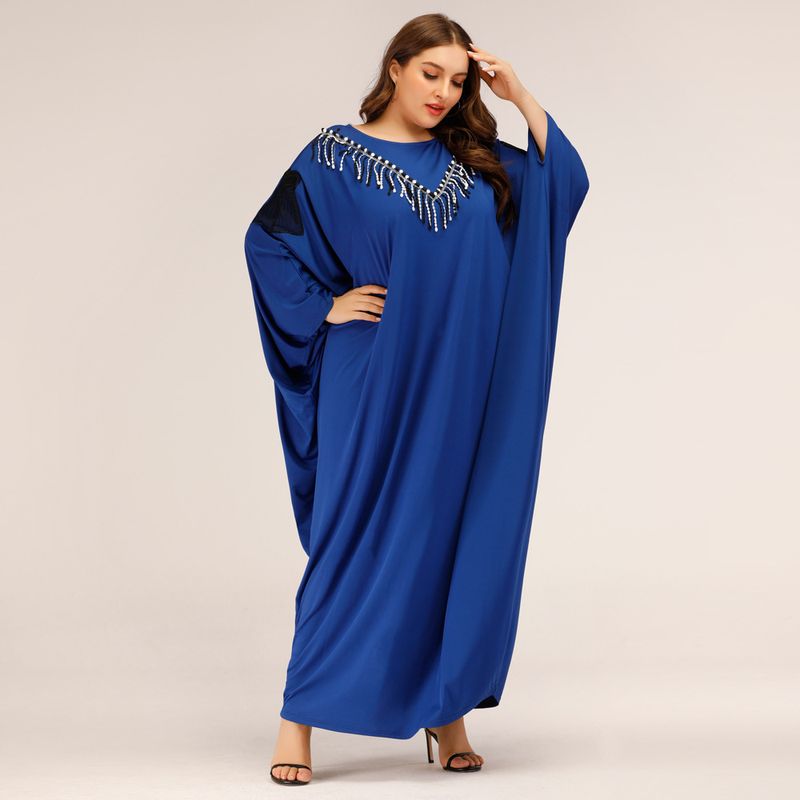2023 Muslim Women's Bat Shaped Long Sleeve Black and White Tassel Lace Applique Loose Swing Dress JR316_voghion.com