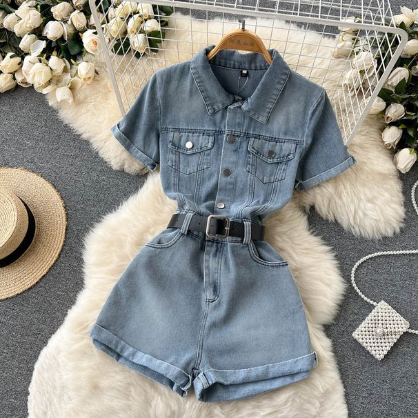 Womens Temperament Fashion High Waist Wide Leg Shorts Workwear One-piece Denim Suit_voghion.com