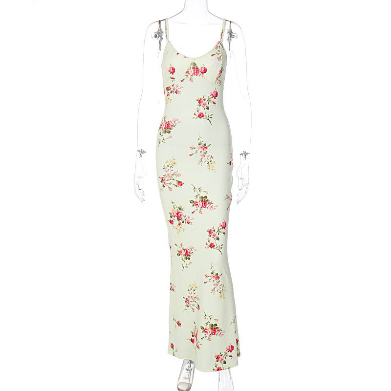 2023 frühjahr/Sommer Neue Mode Druck U-ausschnitt Langes Kleid mit Hüfte Wrap Heißer Verkauf frauen Kleid mit strap_voghion.com