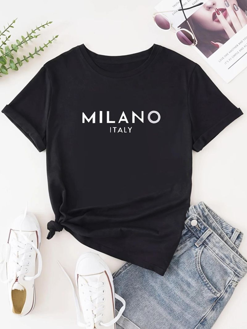 Îmbrăcăminte pentru femei Tricou cu gât cu imprimeu, tricou casual cu mânecă scurtă_voghion.com