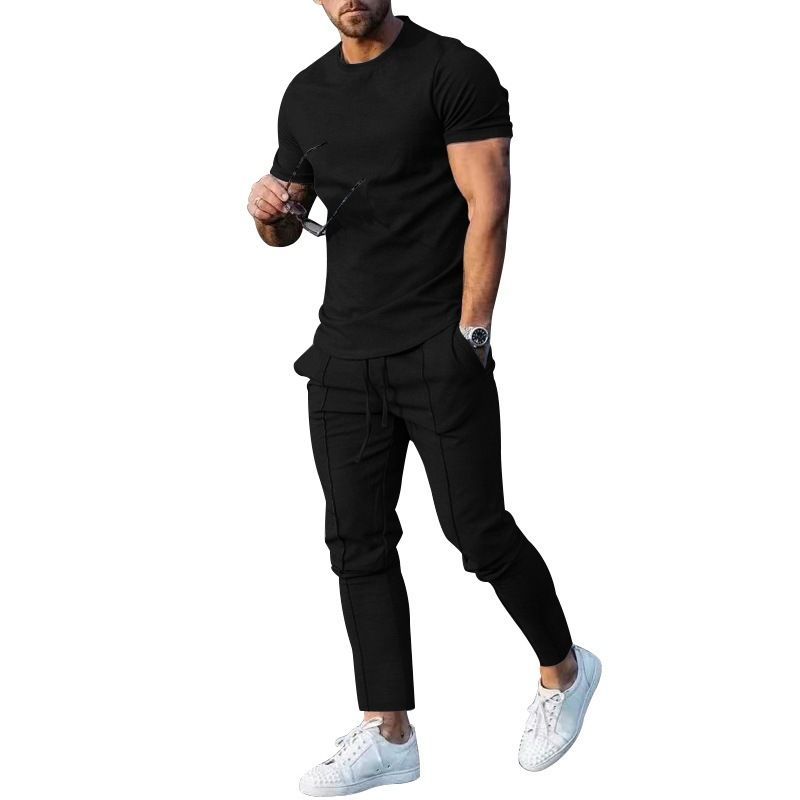 Men's Solid Color Casual Round Neck Short Sleeve Sports T Two-piece Suit_voghion.com
