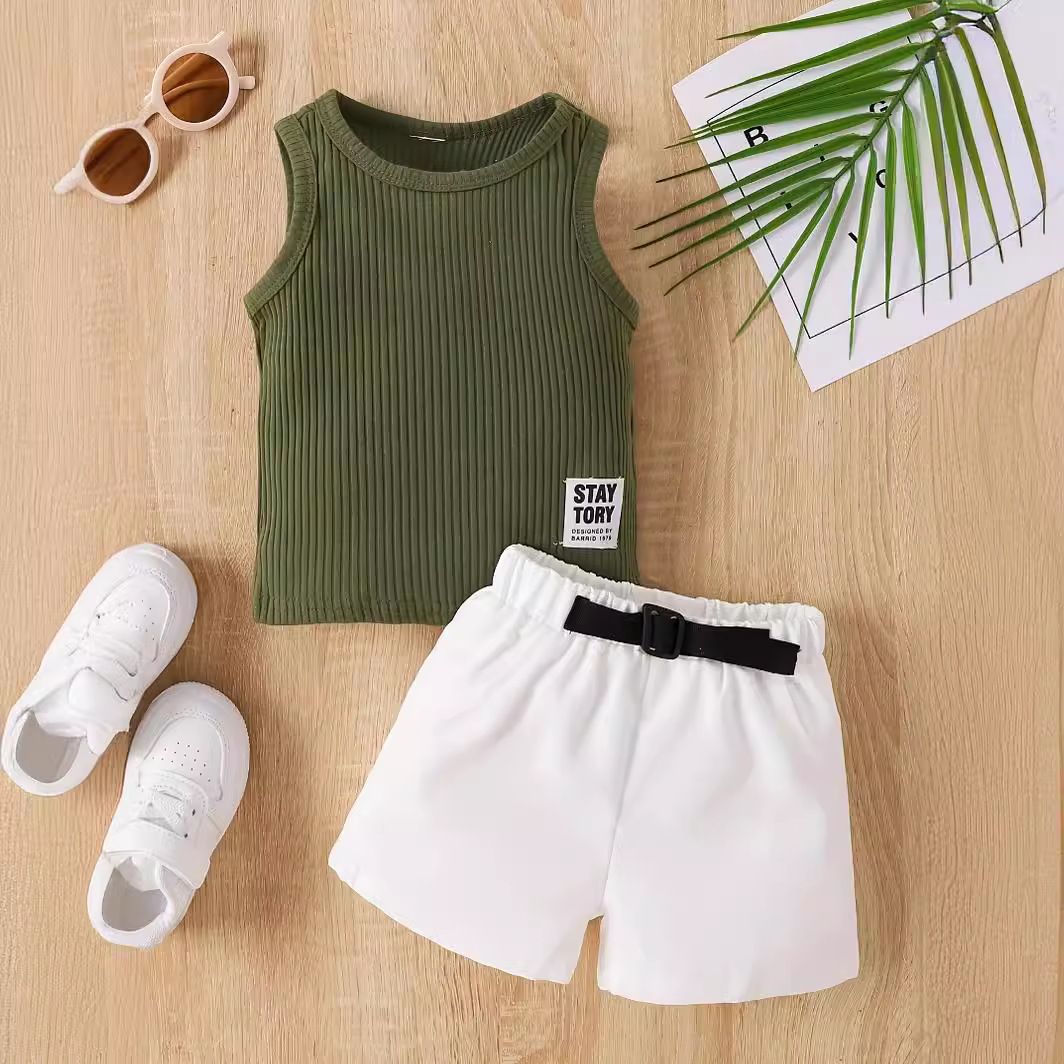 Mutter & Kinder Grenzüberschreitende Säuglings- und Kleinkindjungen Sommerstil einfarbige Weste Rundhalspullover Top kurze koreanische Version Anzug_voghion.com