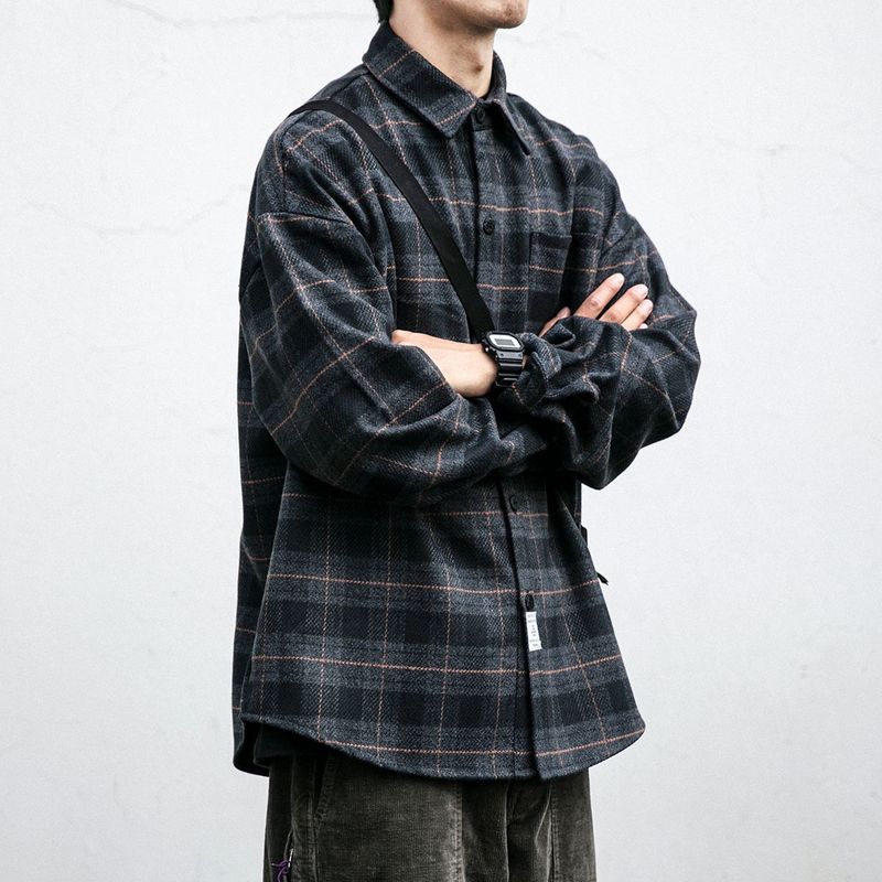 Men's Clothing Retro Brushed Thickened Plaid Shirt Men's Workwear Long Sleeved Trendy Brand Loose Woolen Shirt Casual Jacket Trendy_voghion.com