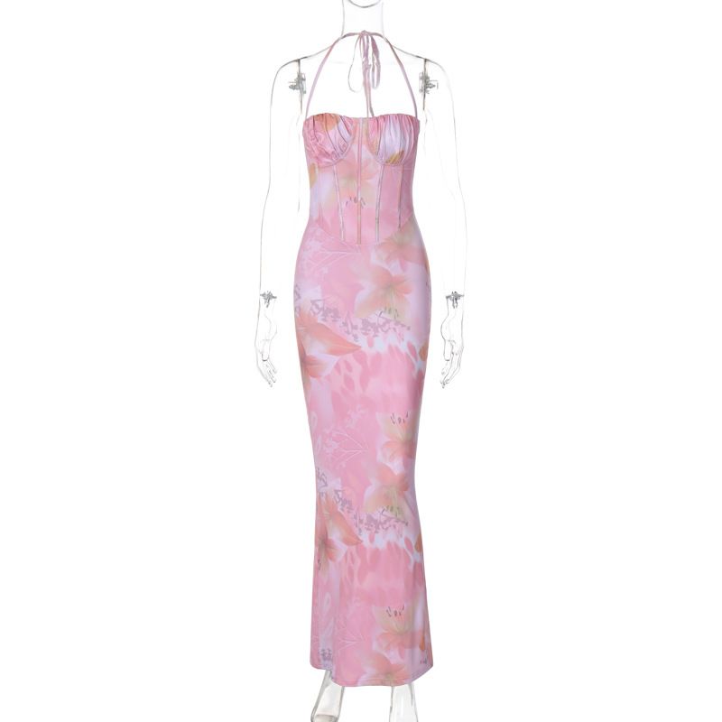 Women's Clothing Fashion Print Sexy Chest Wrap Halter Neck Slender Lifting Dress_voghion.com