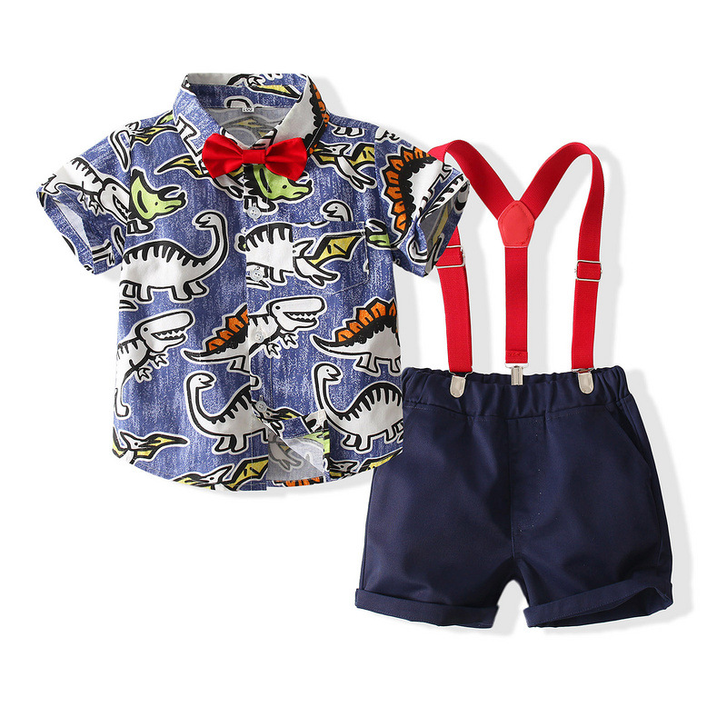 Mother & Kids Boys gentleman casual suit 2024 summer new European and American style children's cartoon dinosaur shirt bib suit_voghion.com