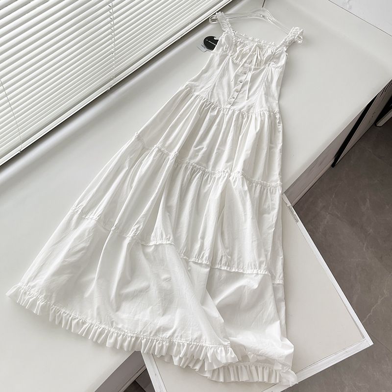 Neues, superlanges Kleid im Lazy-Urlaub-Stil mit plissiertem Rand vorne und Knopfleiste, Göttinnenrock, großer Swingrock 3405_voghion.com