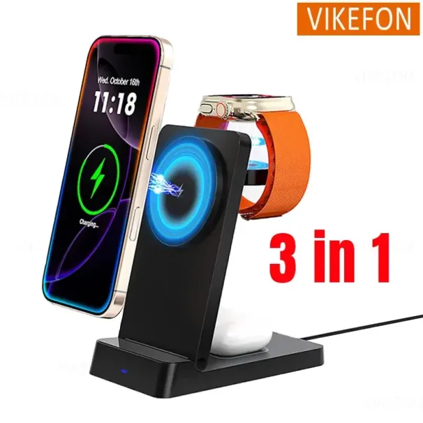 3 In 1 Magnetic Wireless Charger Desktop Fast Charge Dock For Mag Safe IPhone 16-12 AirPods Pro2 IPhone Watch_voghion.com
