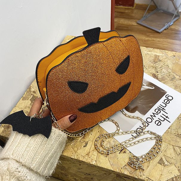 Borsa a tracolla con zucca glitterata a tema Halloween per donna - Borsa a tracolla in PU riflettente retrò con tasche con cerniera, accessorio alla moda e divertente_voghion.com