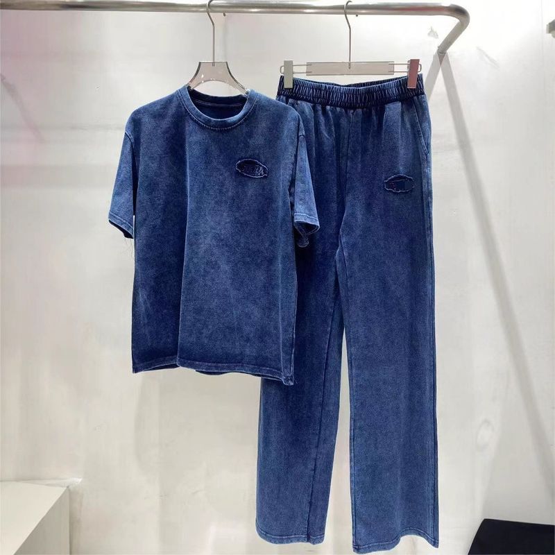 Damenbekleidung Sommer Neue Blaue Rundhals Buchstaben Lose Denim T-Shirt Top Gerade Hosen Anzug_voghion.com