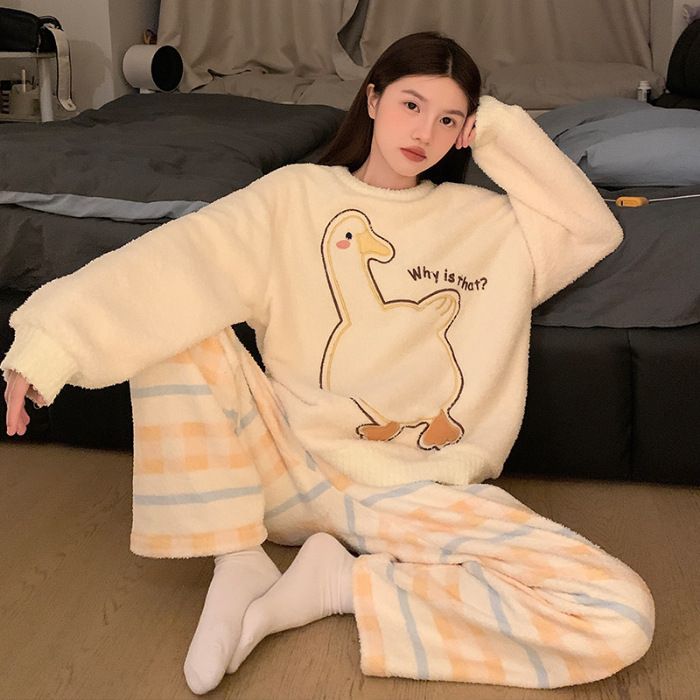 Winter Korean New Printed Half Fleece Sheep Plush Thickened Round Neck Hooded Pajamas Women's Home Clothes_voghion.com