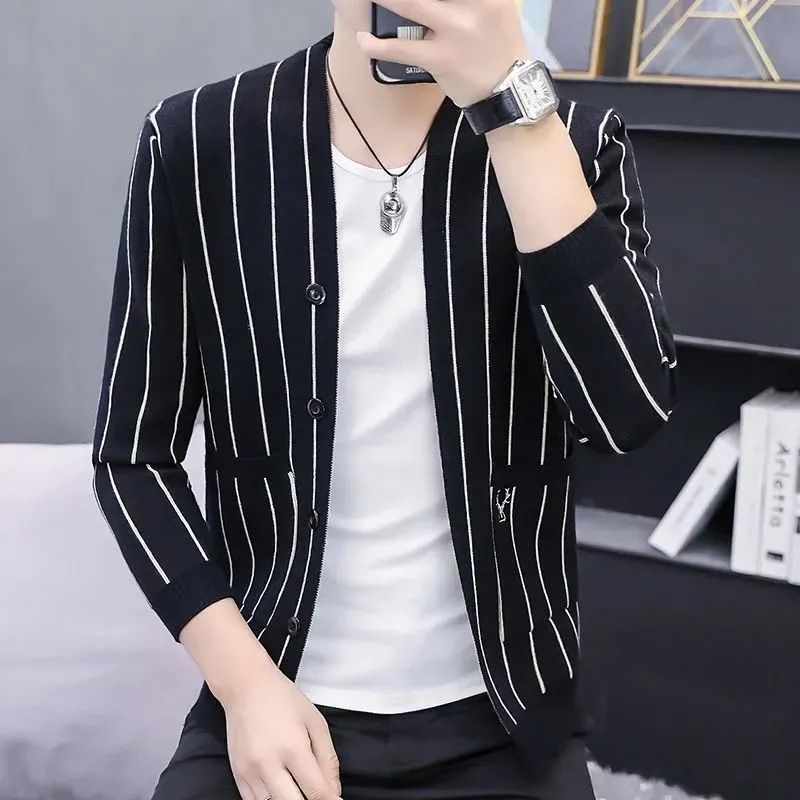 Men's Clothing autumn new knitted cardigan personality handsome striped temperament youth fashion trend jacket tops men_voghion.com
