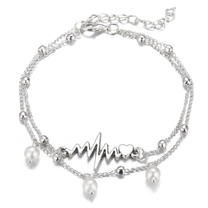 anklet creative double layer pearl anklet electrocardiogram personality simple foot ornaments_voghion.com