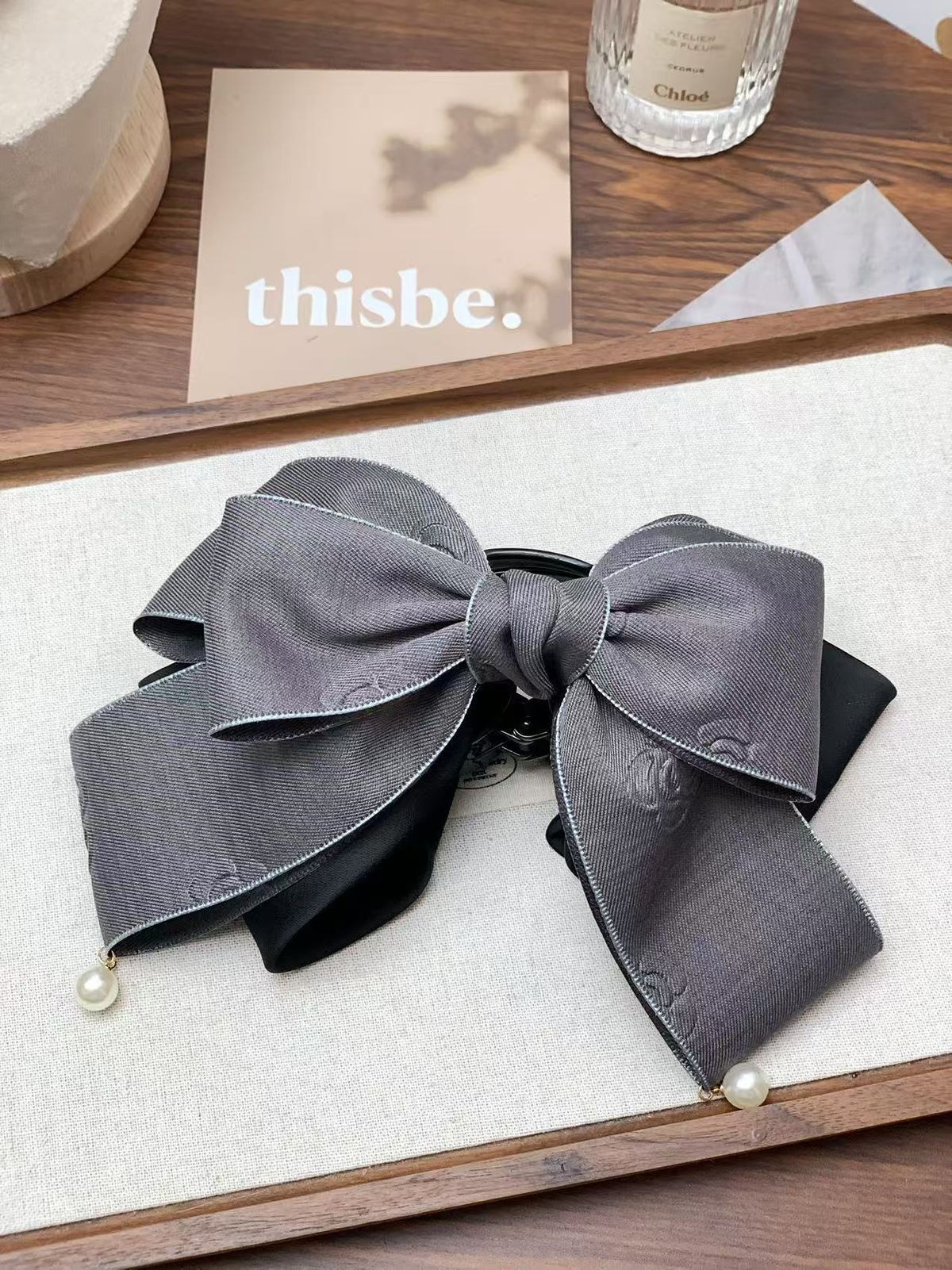 Gray Floral Print Bow Ponytail Retro Hair Accessory For Girls Back Of Head Top Clip_voghion.com