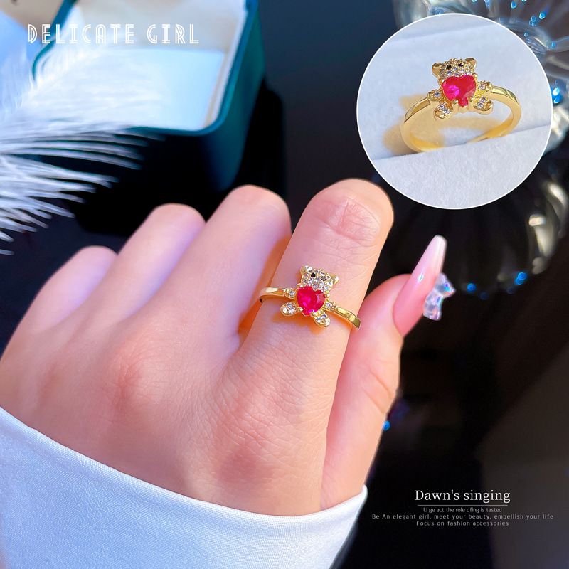 【 Real Gold 】 Diamond Set Little Bear Open for Female Japanese and Korean Minors Simple Design Sense Index Finger Ring_voghion.com