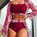 2025 New Maple Leaf Print Long Sleeve Patchwork Bikini Three-Piece Set High Waist Swimsuit For Women_voghion.com