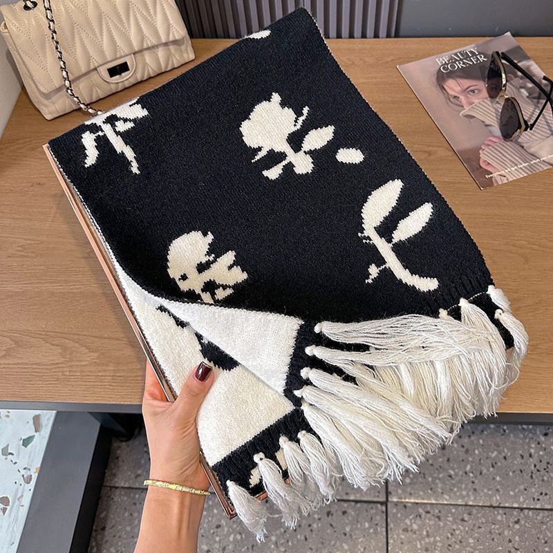 Sciarpa calda ispessita a maglia stampata coreana da donna autunno e inverno, sciarpa alla moda versatile per studentesse_voghion.com