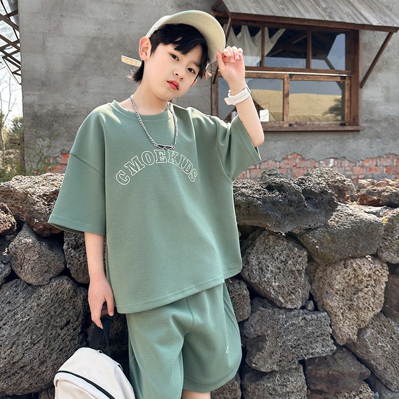 Mother & Kids Boys short-sleeved suit fashionable summer children's casual loose sportswear boys summer two-piece suit cross-border big children_voghion.com