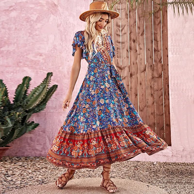 Women's Boho Lace-up Long V-neck Printed Dress_voghion.com