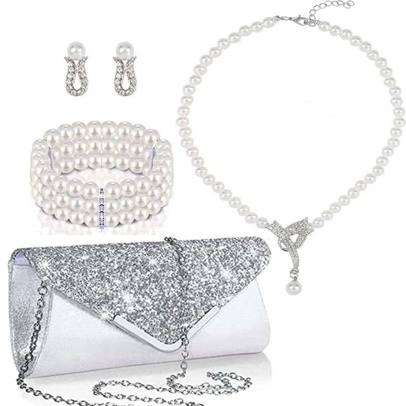 Damentaschen Wassertropfen Perlenohrclips Mehrschichtiges Armband Halskette Abendtasche Vierteiliges Set Dekoration Handtasche_voghion.com