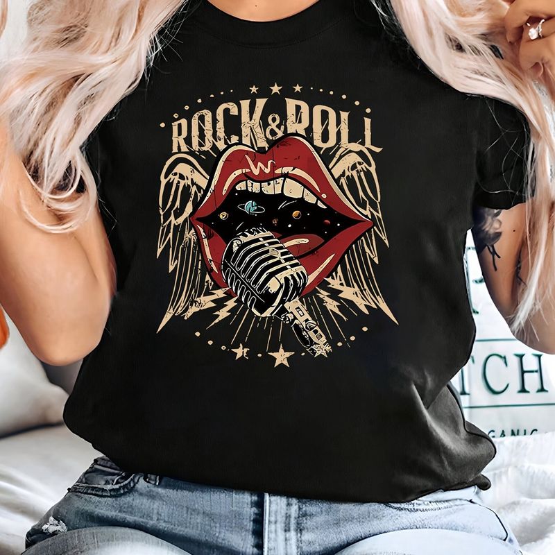 Women's Clothing Retro Rock Microphone And Lips Pattern Printed Fashion T Polyester Blend Casual Round Neck_voghion.com