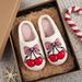 Women's Cozy Fluffy Slippers With Bow And Cherry Print, Non-Slip Indoor House Shoes, Warm Winter Fuzzy Slides For Home Comfort Winter Plush Slippers_voghion.com