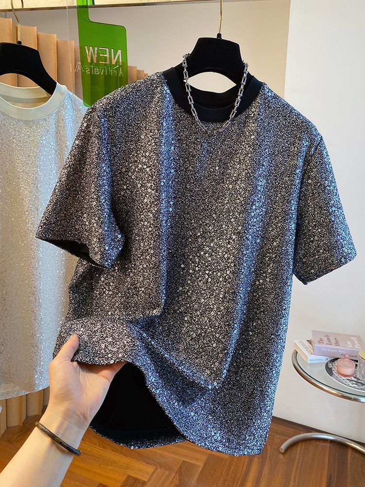 2024 New Loose European Style Sequin Shiny Silk T-Shirt Men's Short Sleeve Unique Chic Design Handsome Top_voghion.com