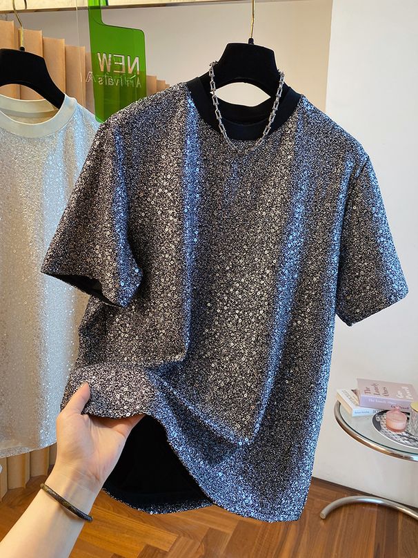 2024 New Loose European Style Sequin Shiny Silk T-Shirt Men's Short Sleeve Unique Chic Design Handsome Top_voghion.com