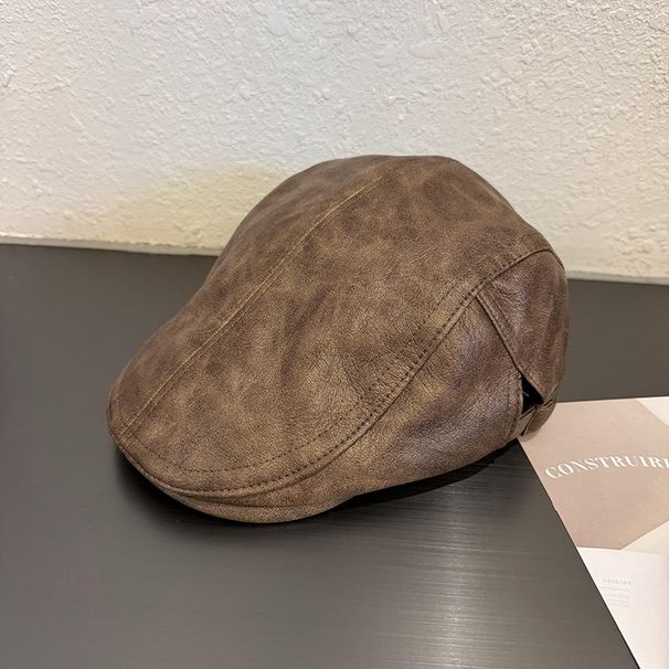 Cappelli da donna retrò in pelle PU, tinta unita, cappello a punta per autunno e inverno, berretto a rete con personalità di celebrità, cappello a becco d'anatra invertito per uomo_voghion.com