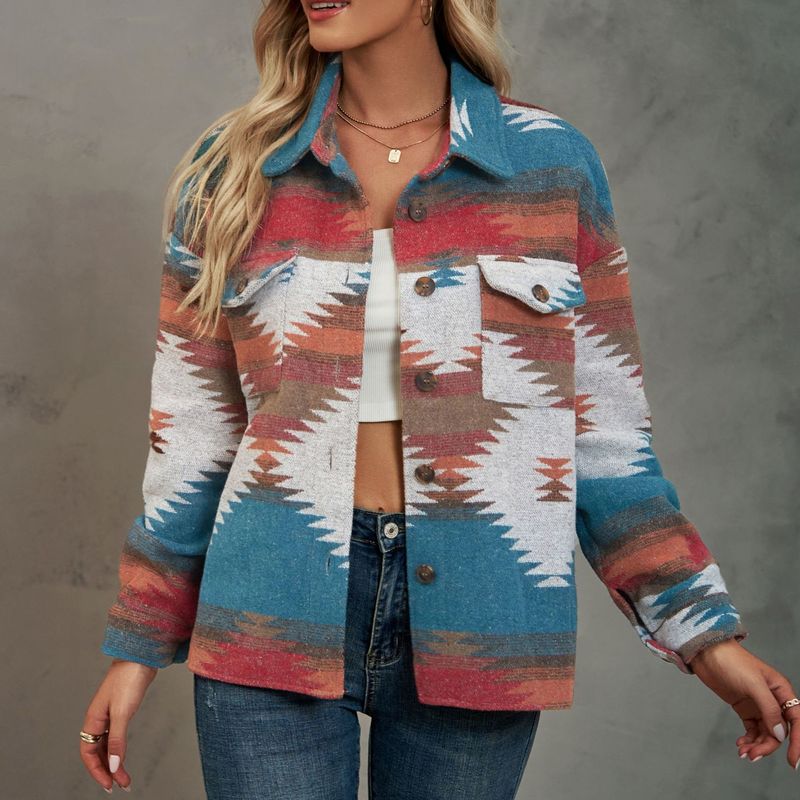 Women's Clothing Geometric Pattern Short Loose Lapel Pocket Button Woolen Coat_voghion.com