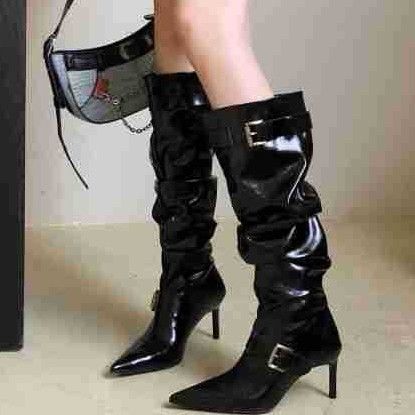 Botas femininas estilo ocidental, novas botas de salto médio alto e enrugadas, outono e inverno 2025_voghion.com