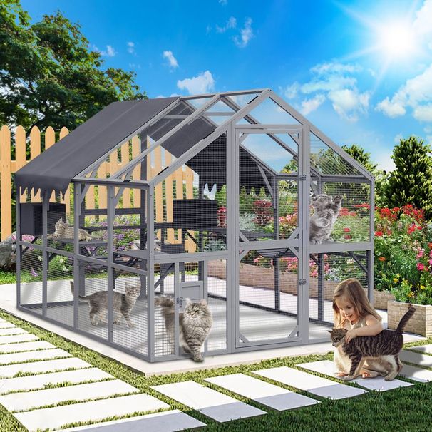 Outdoor Cat House Cat Enclosures 110' Large Kitten Playpen With Platforms,Upgrade Waterproof Cover-grey_voghion.com