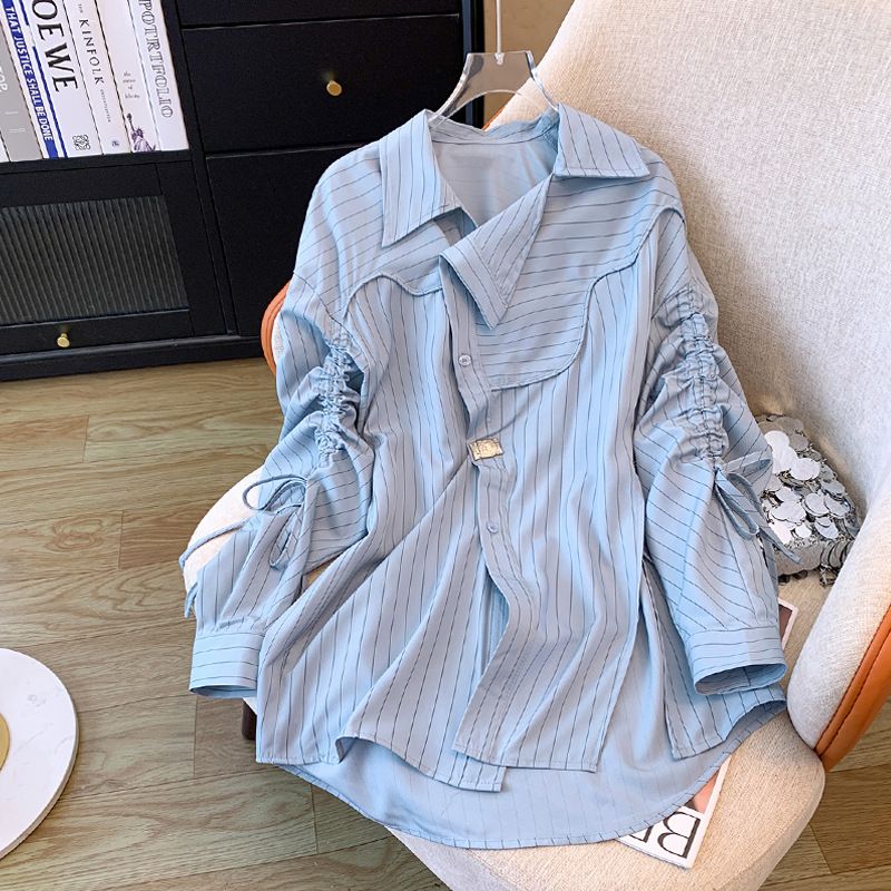 Women's Clothing Striped Drawstring Shirt Design Niche Lazy Style Loose Beautiful Long Sleeved Shirt_voghion.com