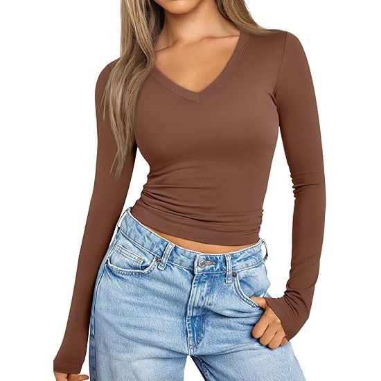 Women's Slim Fit V-Neck Long Sleeve T-Shirt - Stretchy Milk Silk Blouse For Layering_voghion.com