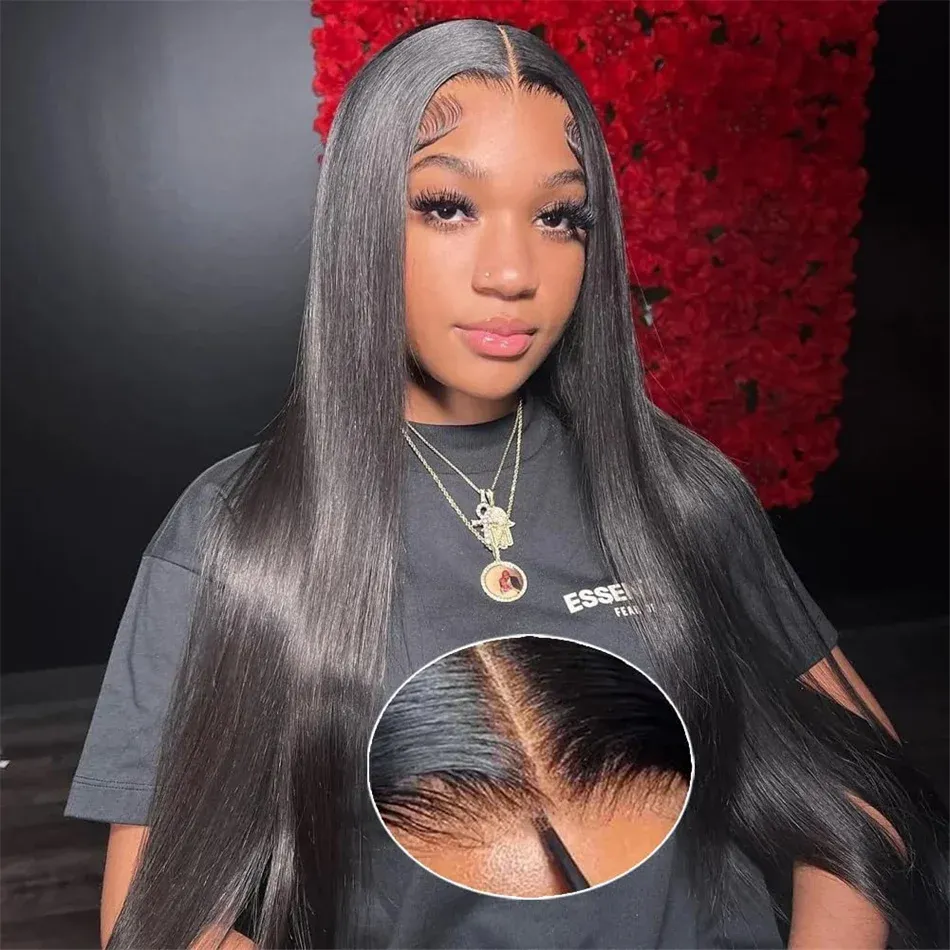 Kleberfreie, glatte Lace-Front-Perücke, vorgeschnittenes Echthaar, tragefertiger Verschluss_voghion.com