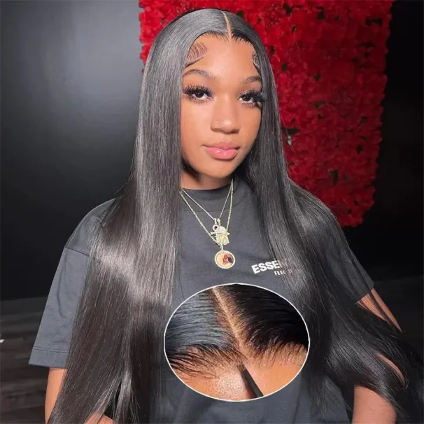 Kleberfreie, glatte Lace-Front-Perücke, vorgeschnittenes Echthaar, tragefertiger Verschluss_voghion.com