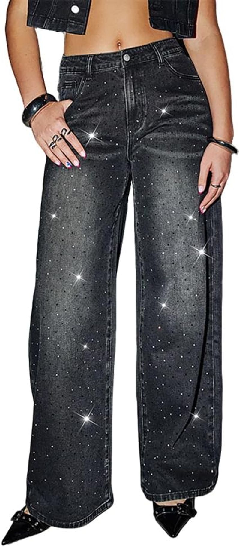 Womens High Waisted Rhinestone Jeans Straight Chic Wide Leg Bling Black Denim Pants Teen Girls Loose Fit Pearl Jeans_voghion.com