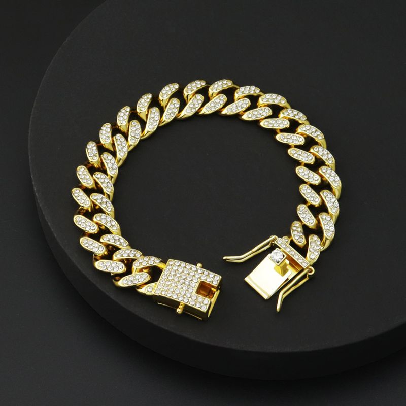 Pulseras de cadena de eslabones cubanos brillantes de Hip Hop, pulseras de cadena con diamantes de imitación de Color dorado para hombres y mujeres, pulsera Punk, joyería_voghion.com