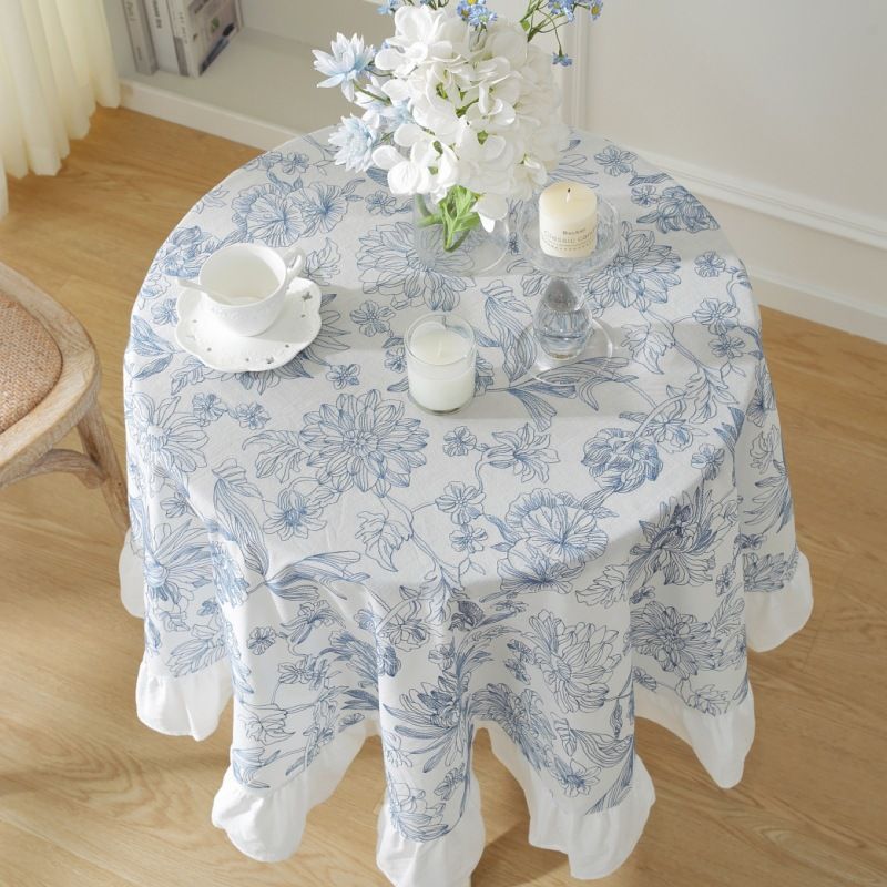 Mantel de algodón azul bordado, impermeable y resistente al aceite, con faldón y dobladillo con volantes_voghion.com