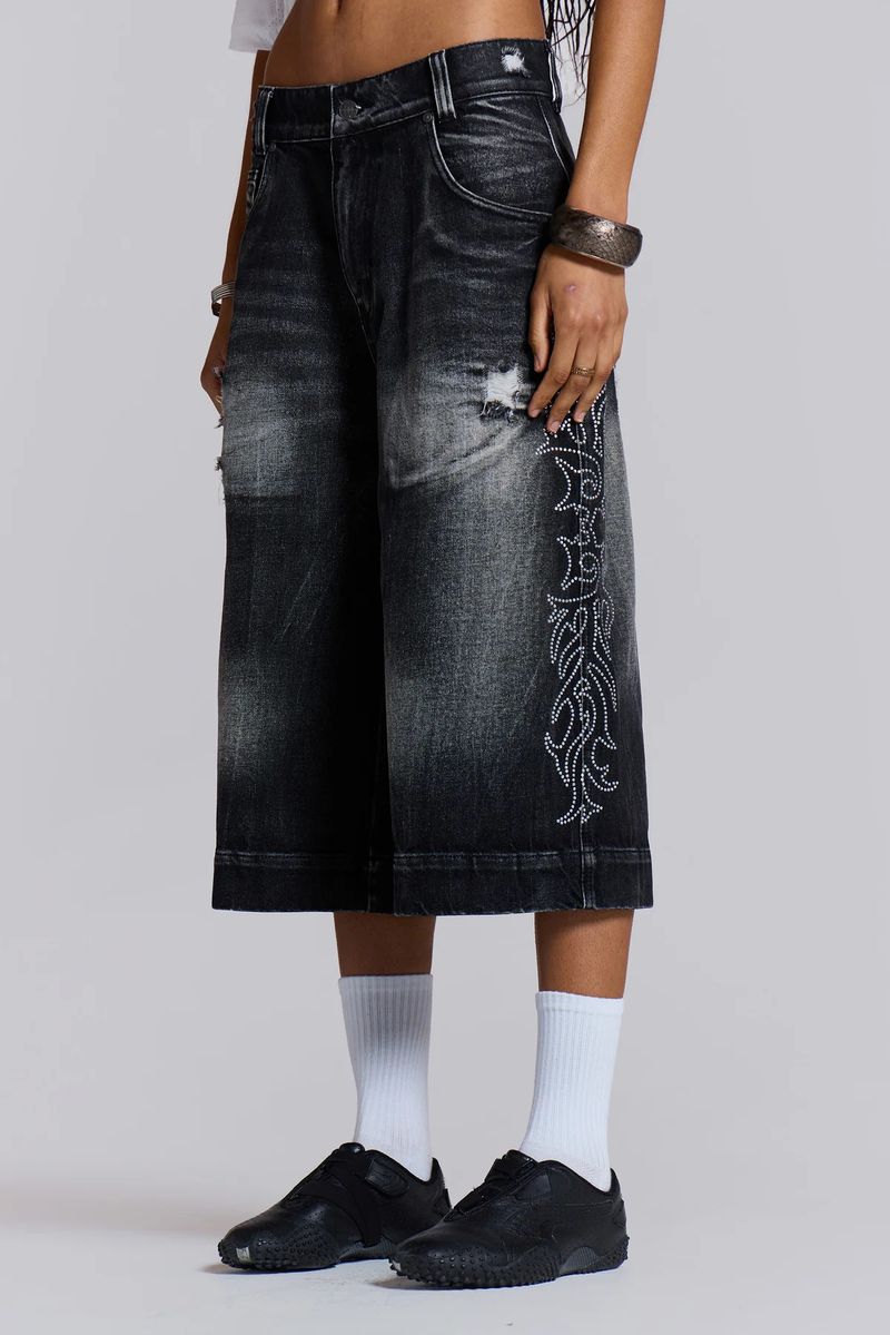 Women's Clothing Y2k Distressed Ripped Diamond Denim Shorts Jaded Street Hot Girl Wide Leg Pants Loose Cropped Pants_voghion.com