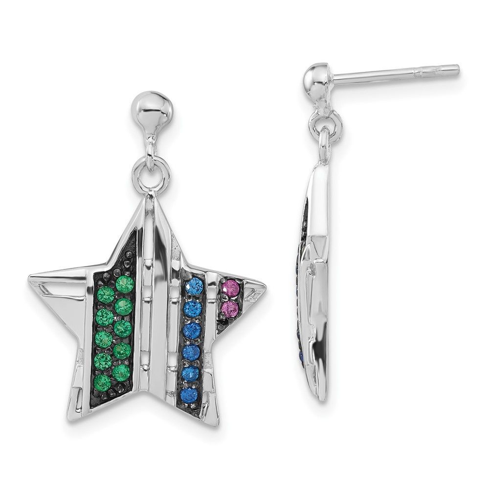 Sterling Silver W/ Black Rhodium Synthetic Spinel & Synthetic Ruby Star Post Dangle Earrings_voghion.com