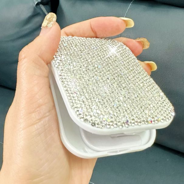 Elegant Diamond-Accented Folding Mirror With Comb – Portable Square Vanity Mirror For Home, Travel & On-the-Go (PU/PS/PVC Frame, Non-Electric)_voghion.com