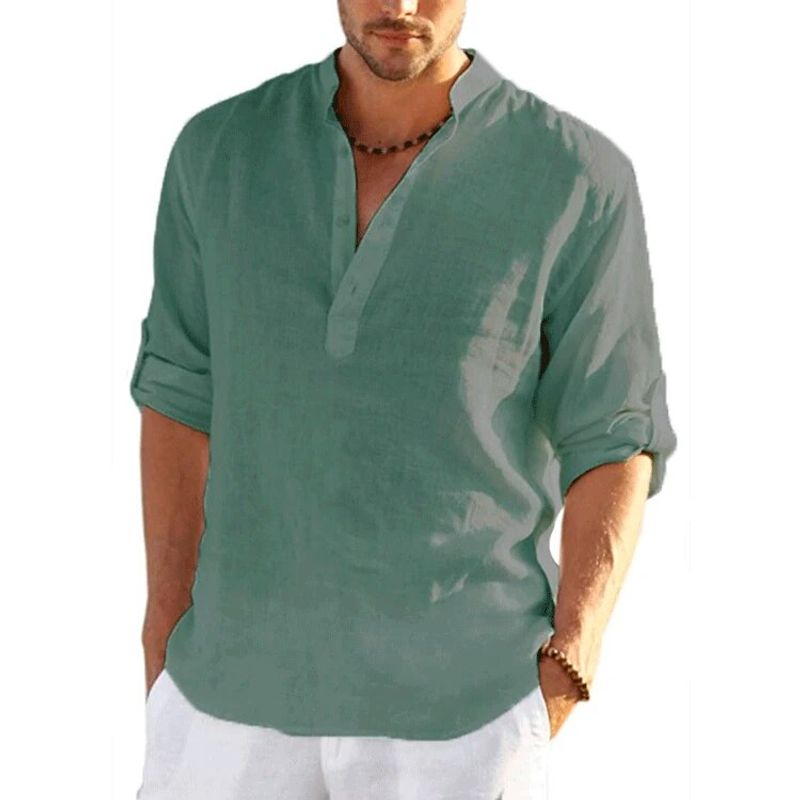 New Daily Linen Solid Color Loose Casual Shirt Long Sleeve Cotton Tops Blouses Men Clothing Camisa Masculina_voghion.com