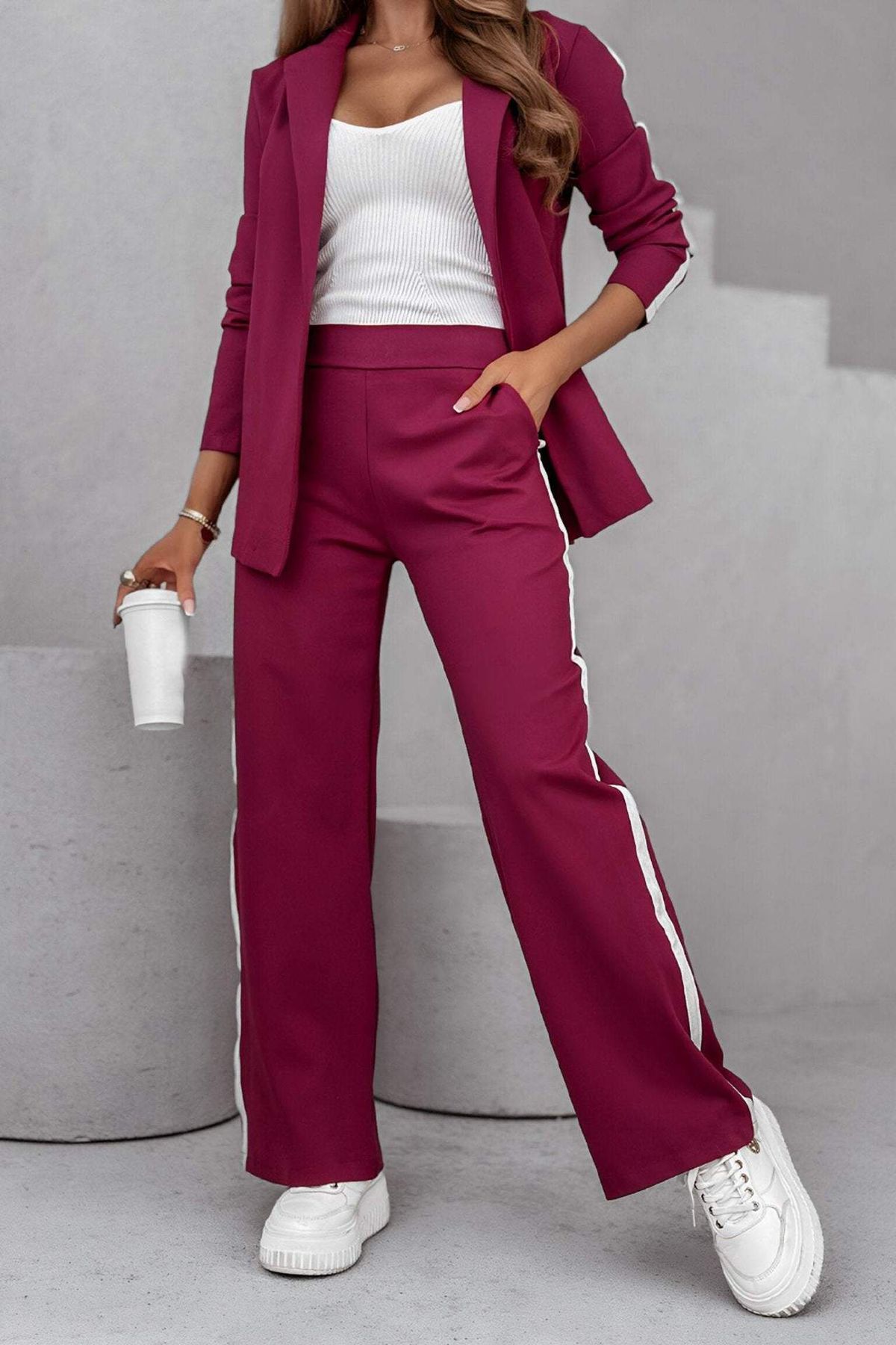 Damen-Anzugset mit langärmeligem Blazer und Hose – Büro-Casual (Grau/Rosa/Rot, S-3XL)_voghion.com