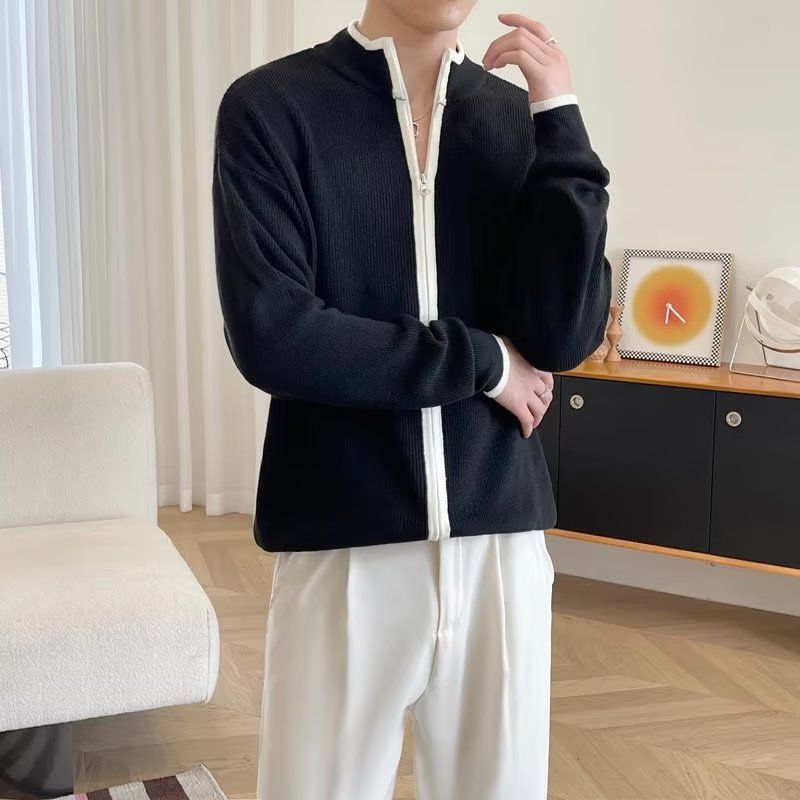 Abbigliamento maschile maglione lavorato a maglia stile maturo leggero top giacca da uomo autunno e inverno nuovo stile colore pieno versatile design con cerniera cardigan maglione_voghion.com
