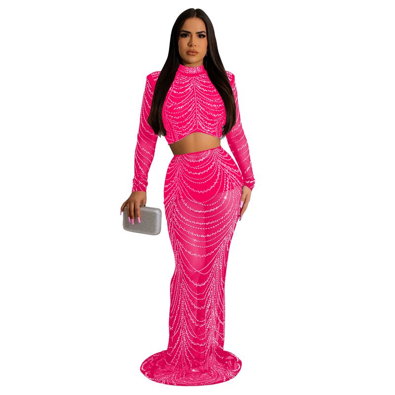 Abito a due pezzi da donna in maglia tinta unita con strass a maniche lunghe_voghion.com