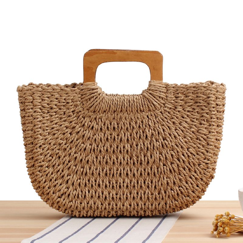 Damentaschen Einteiliges Drop Shipping Neuer Stil Holzgriff Einfache handgewebte Tasche Sommer Strandtasche Waldstil Große Kapazität Papierseil gewebte Tasche_voghion.com