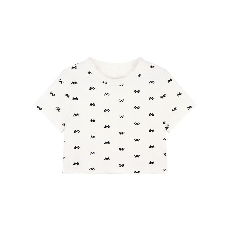 Kids’ Clothing Short Sleeved Summer Sweet And Cute Bow Print Round Neck T Shirt Top_voghion.com