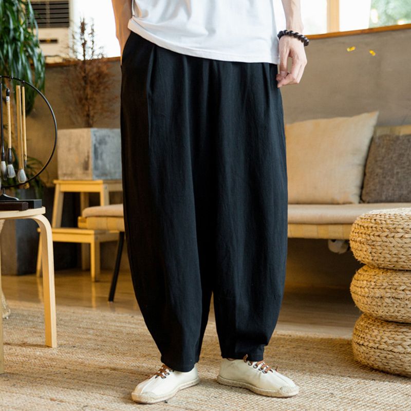 Schwarze Eisseiden-Hakama-Kung-Fu-Hose mit breitem Boden, Wushu-Kimono, chinesische Herren-Baumwoll-weite Hose für Herren im östlichen Stil_voghion.com